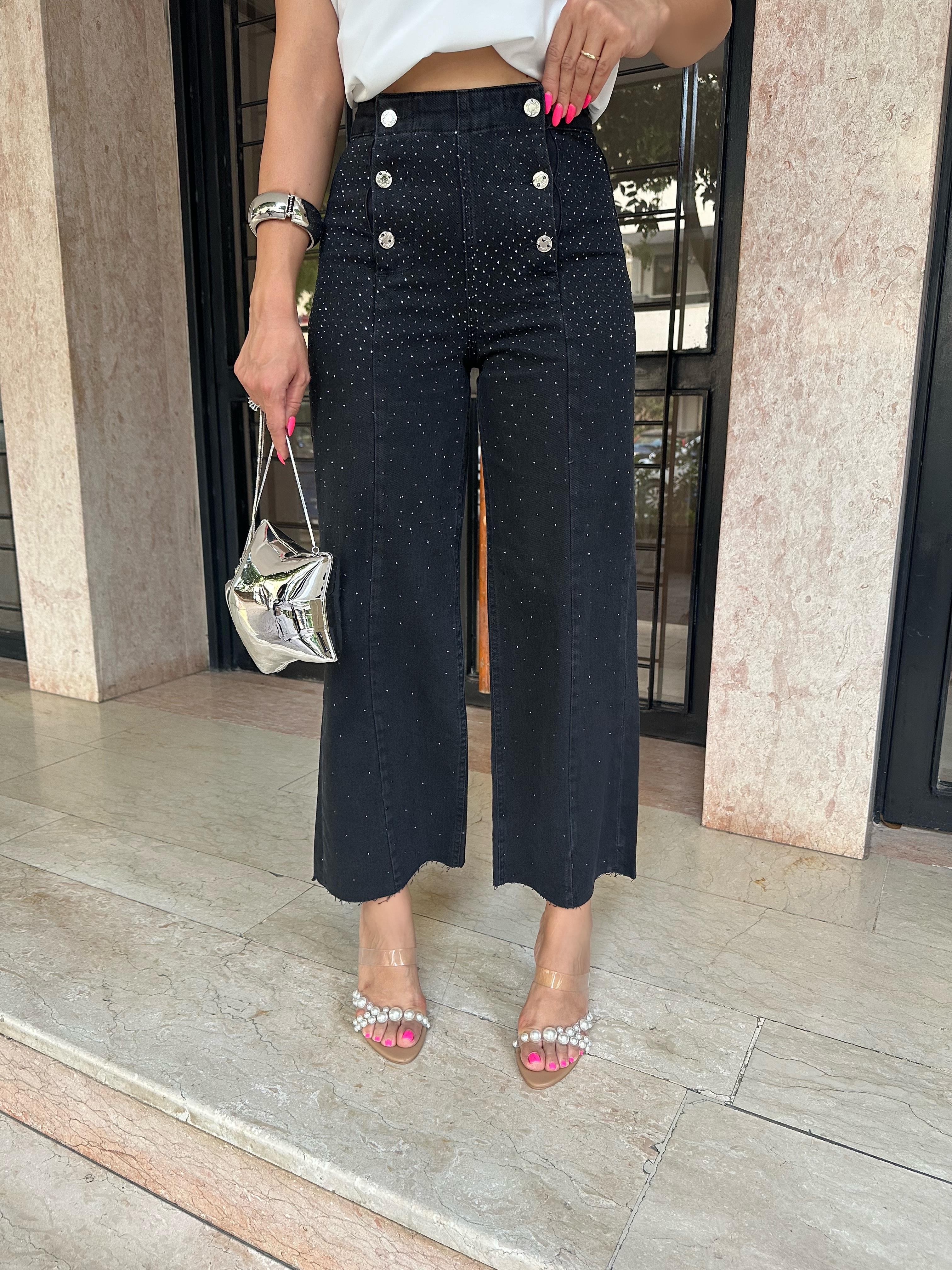 Siyah Serpme Taşlı Düğmeli Pantolon