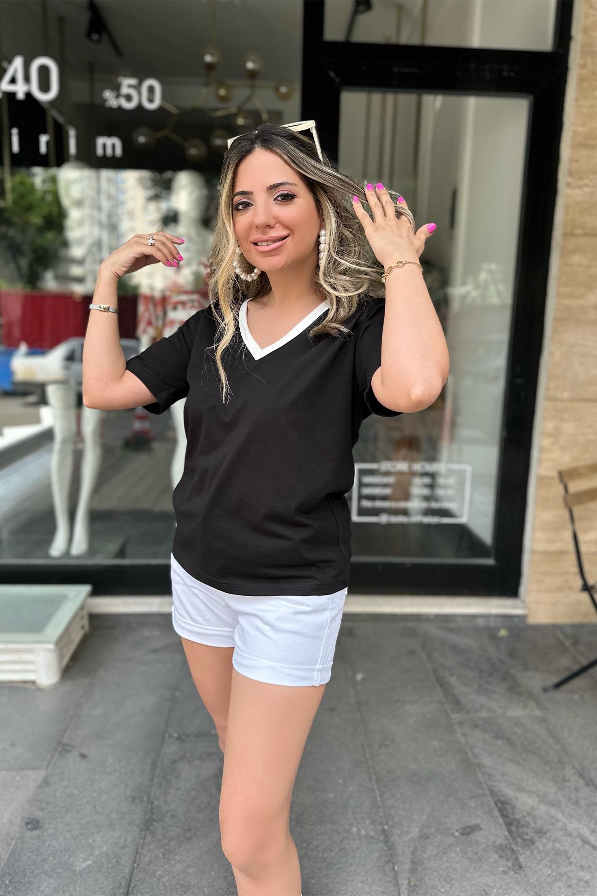 Siyah V Yaka Yarım Kol Kontrast Tshirt