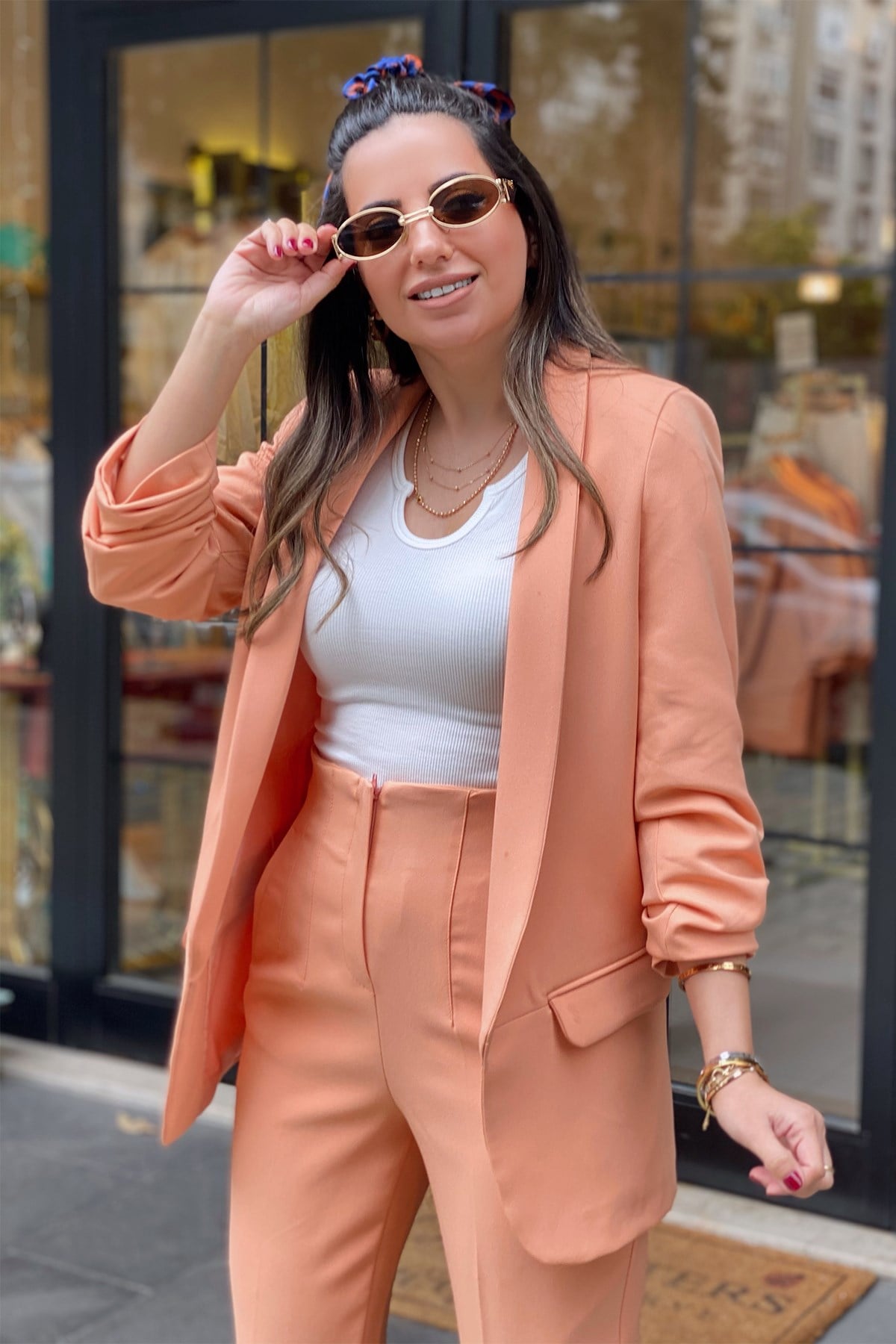 Somon Renk Kolu Katlamalı Blazer Ceket