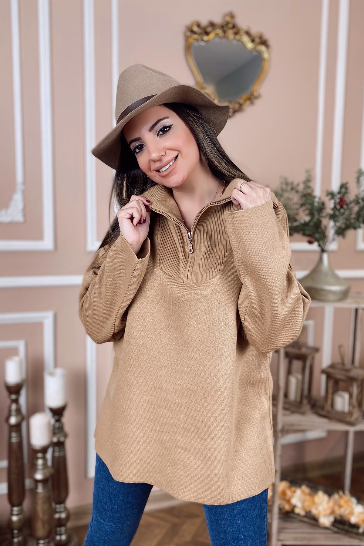 Taba Önü Fermuarlı Triko Bluz