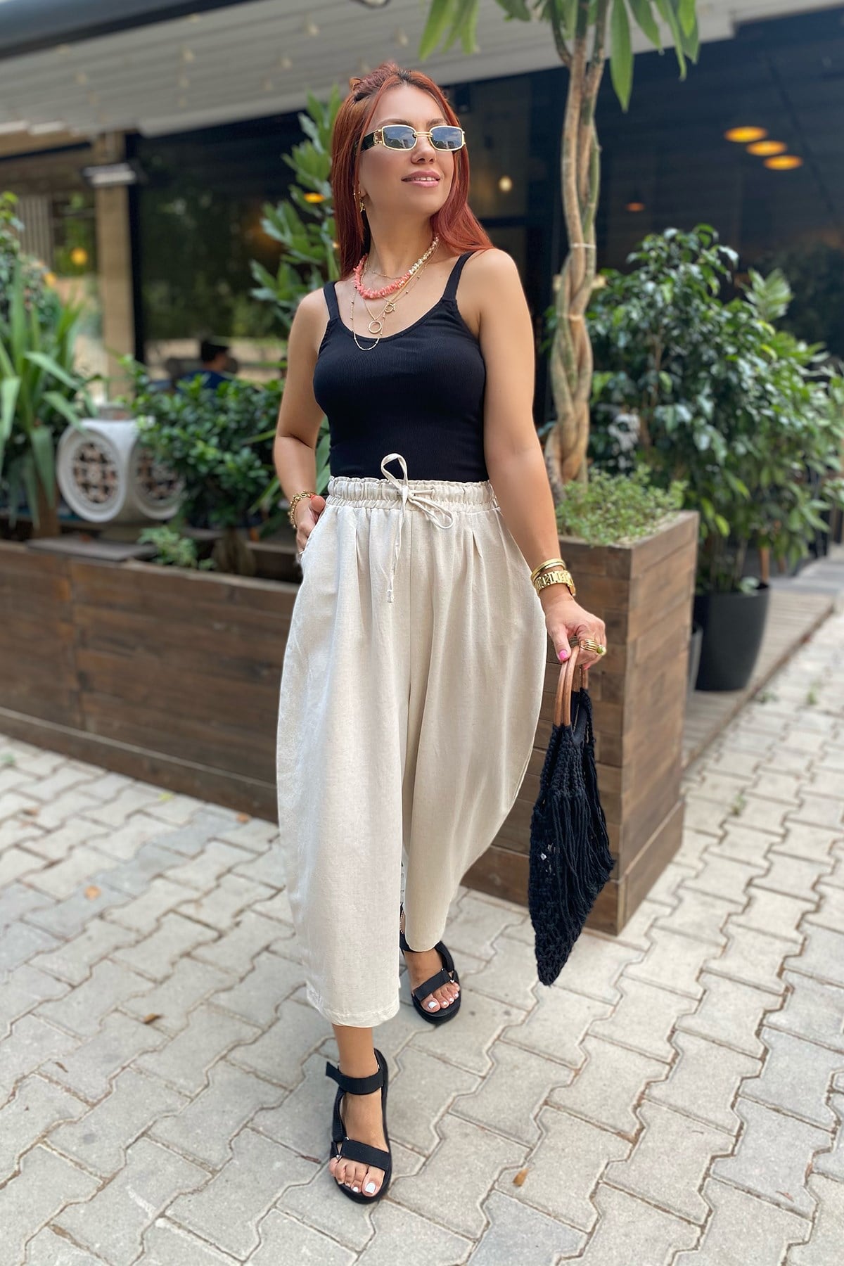 Taş Rengi Bağcıklı Şalvar Keten Pantolon