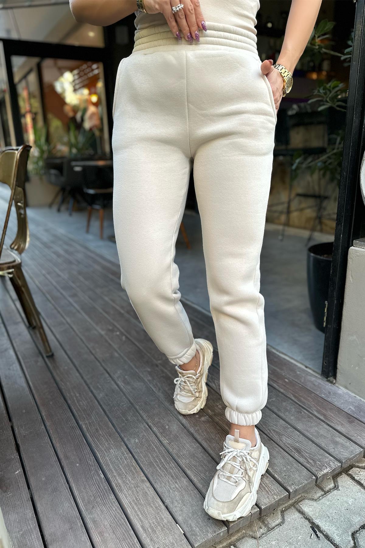 Taş Renk Üç İplik Şardonlu Jogger Eşofman