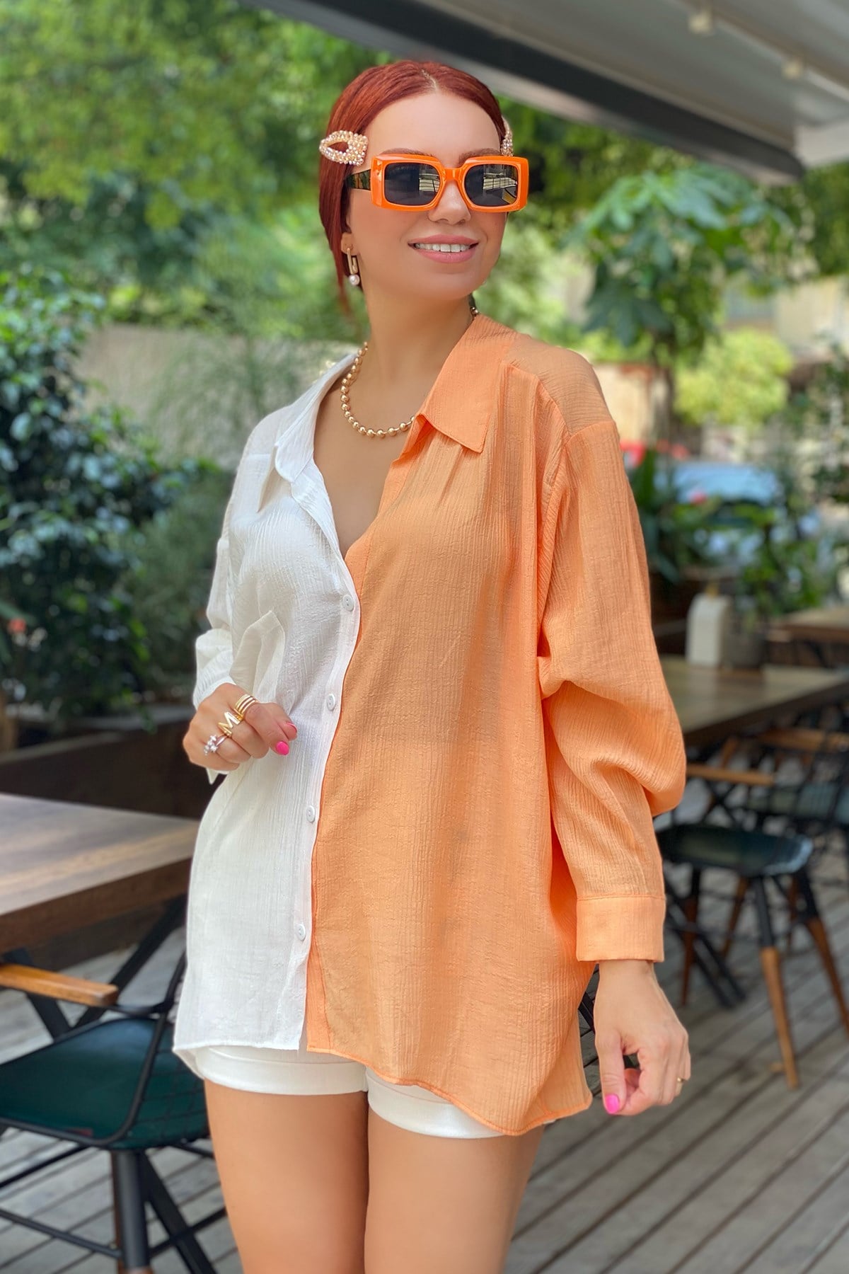 Turuncu Çift Renk Oversize Gömlek