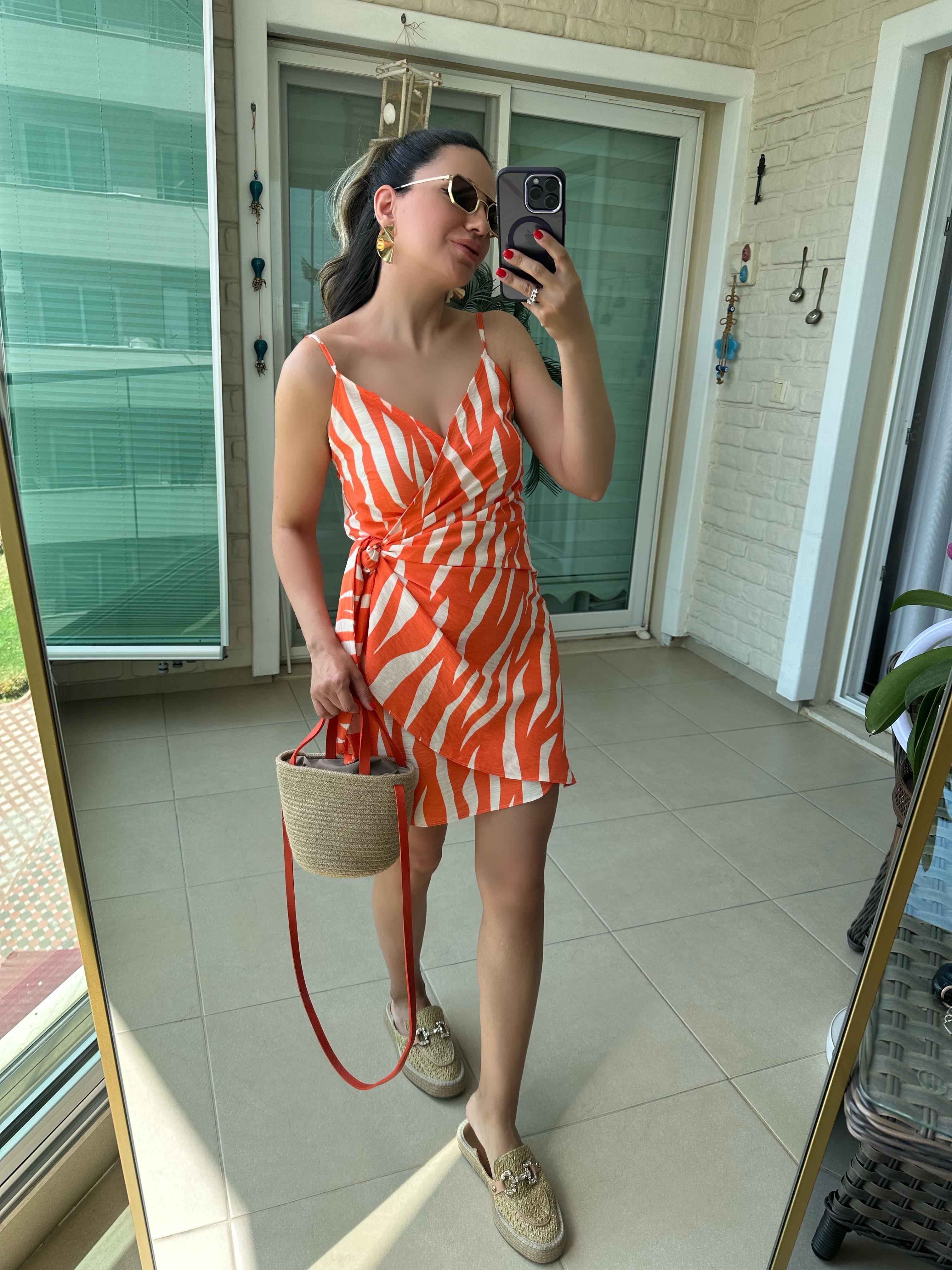 Turuncu Zebra Desen Elbise