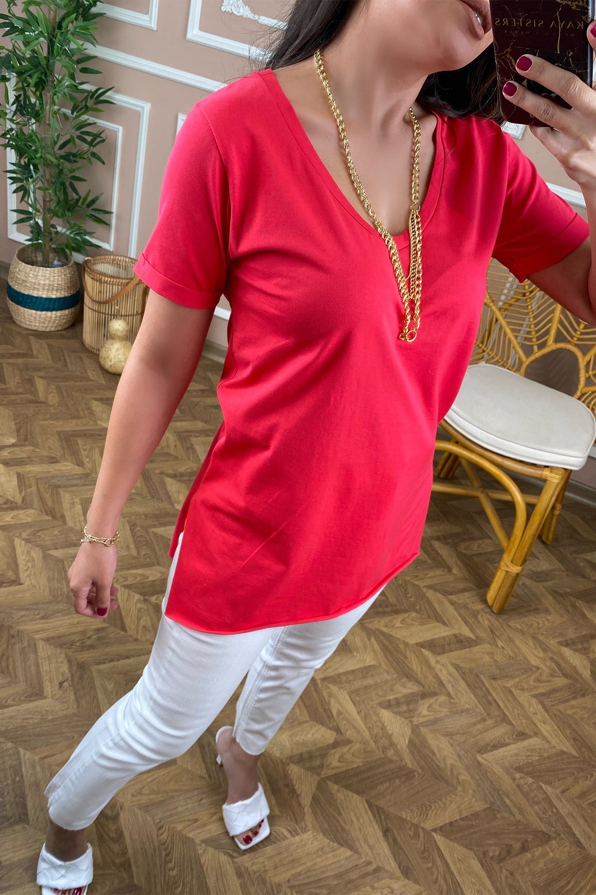 V Yaka Fuşya Basic Tshirt