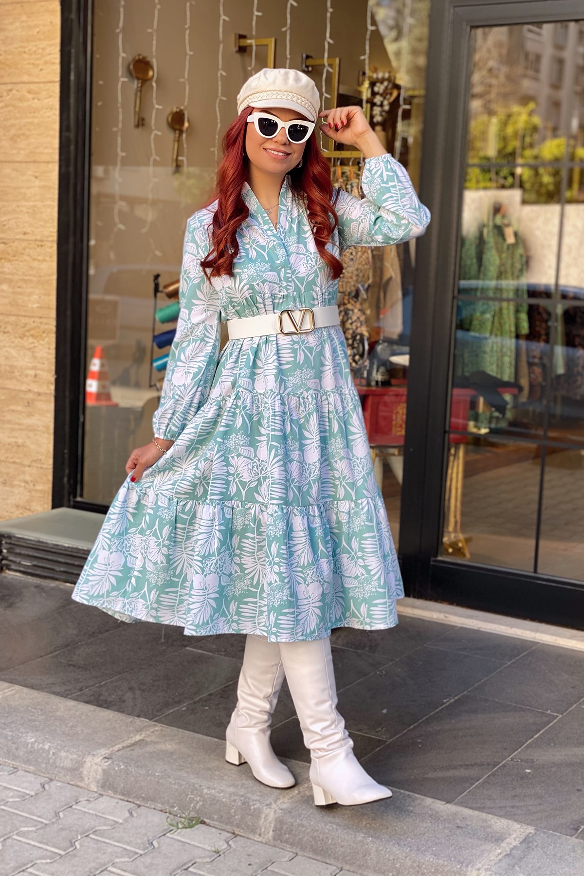 Yaprak Desenli Mint Elbise