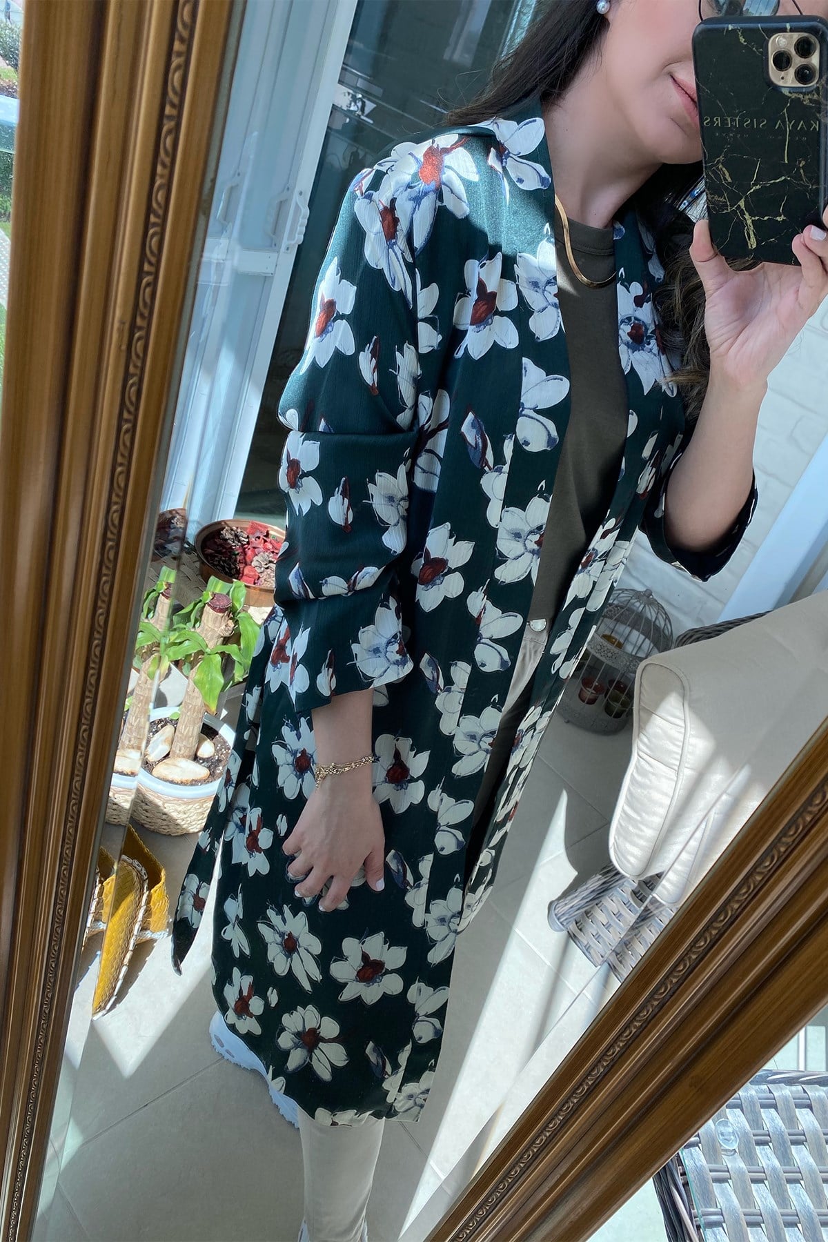 Yeşil Çiçek Desenli Astarlı Kimono