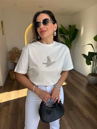 11285 Kuş Gümüş Taşlı Tshirt