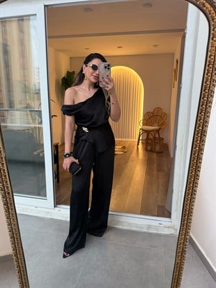 11575 Saten Beli Lastikli Pantolon Bluz Takım