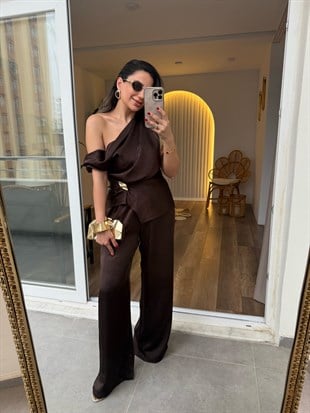 11575 Saten Beli Lastikli Pantolon Bluz Takım