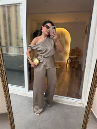 11575 Saten Beli Lastikli Pantolon Bluz Takım