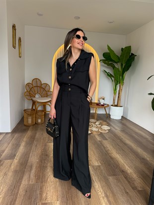 11578 Omuzları Vatkalı Gold Düğme Detaylı Pantolon Bluz Takım