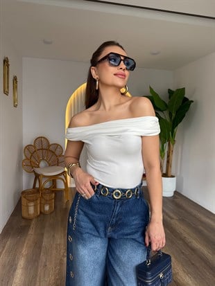 11585 Bardot Yaka Metal Triko Bluz