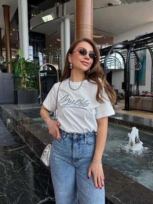 11587 Gu. Gri Taşlı Nakışlı Tshirt