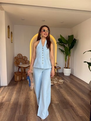11717 Keten Önden Düğme Detaylı Pantolon Bluz Takım