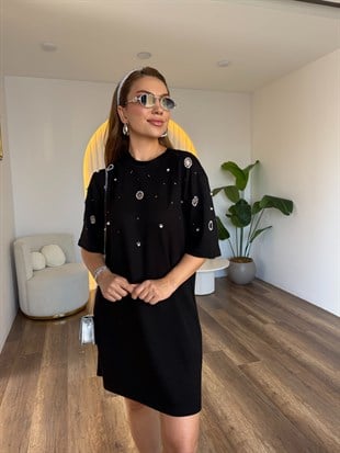 11909 Kuş Gözü Detaylı İncili Elbise