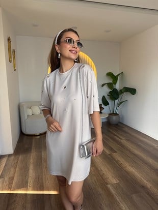 11909 Kuş Gözü Detaylı İncili Elbise