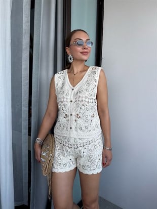 12031 Boncuk Örme Şort Yelek Takım