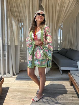 12045 Desenli Şort Kimono Takım