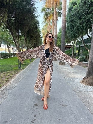 12047 Püskül Detaylı Kuşaklı Kimono