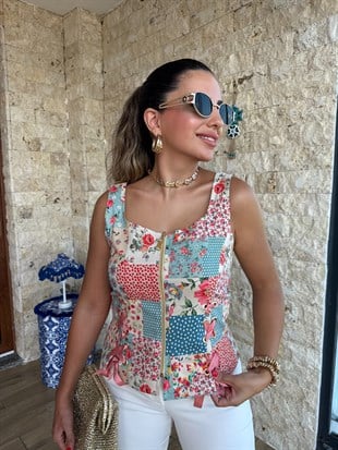 12091 Desenli Önden Fermuarlı Bluz