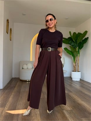 12400 Kendinden Kemerli Geniş Paçalı Pantolon