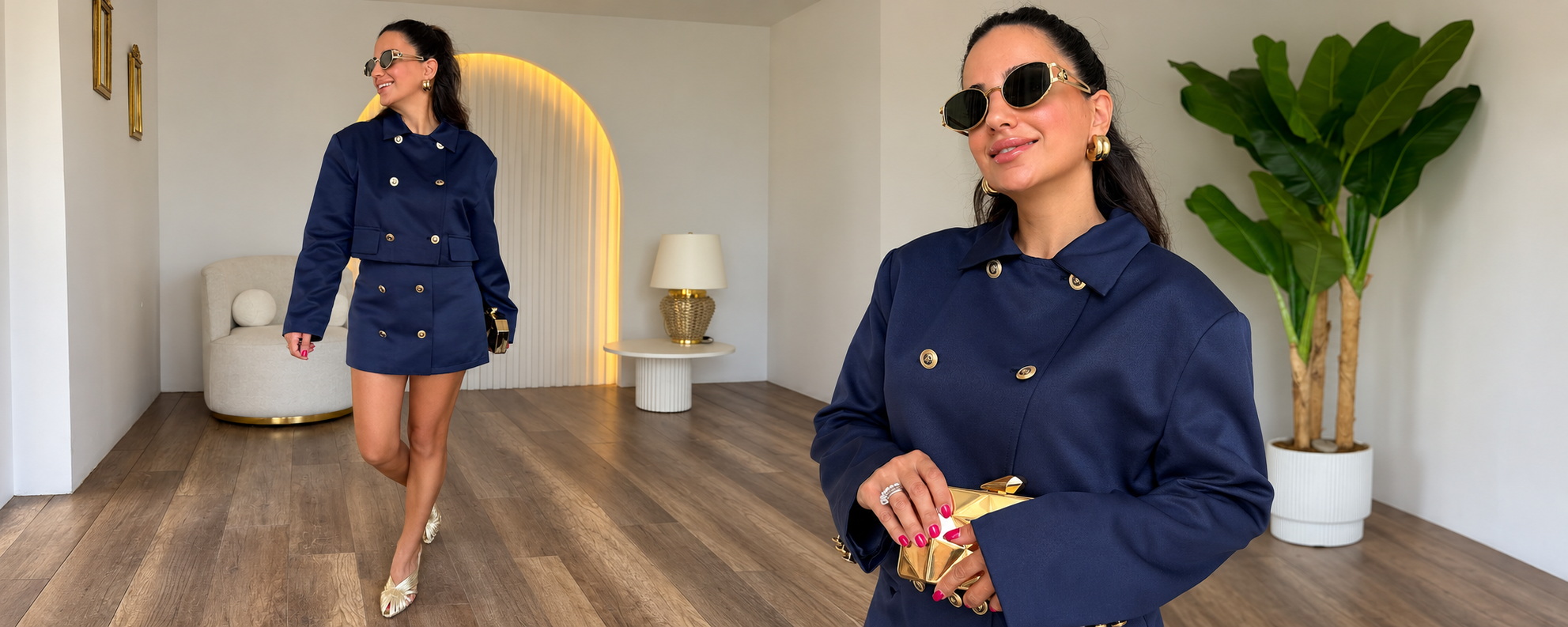 Kaya Sisters lacivert ceket ve etek takımının tam boy ve yakın görünümü