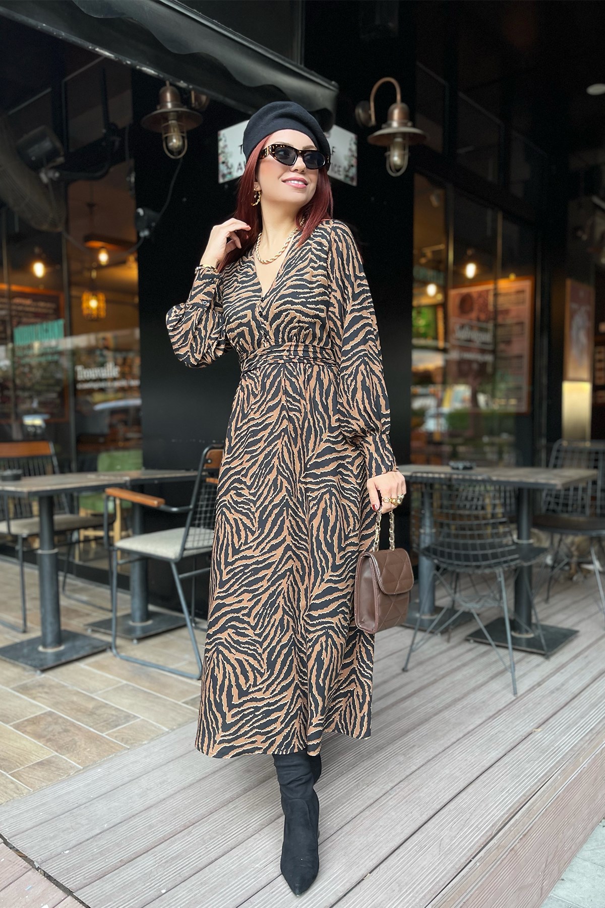  Leopar Desenli Düğmeli Elbise