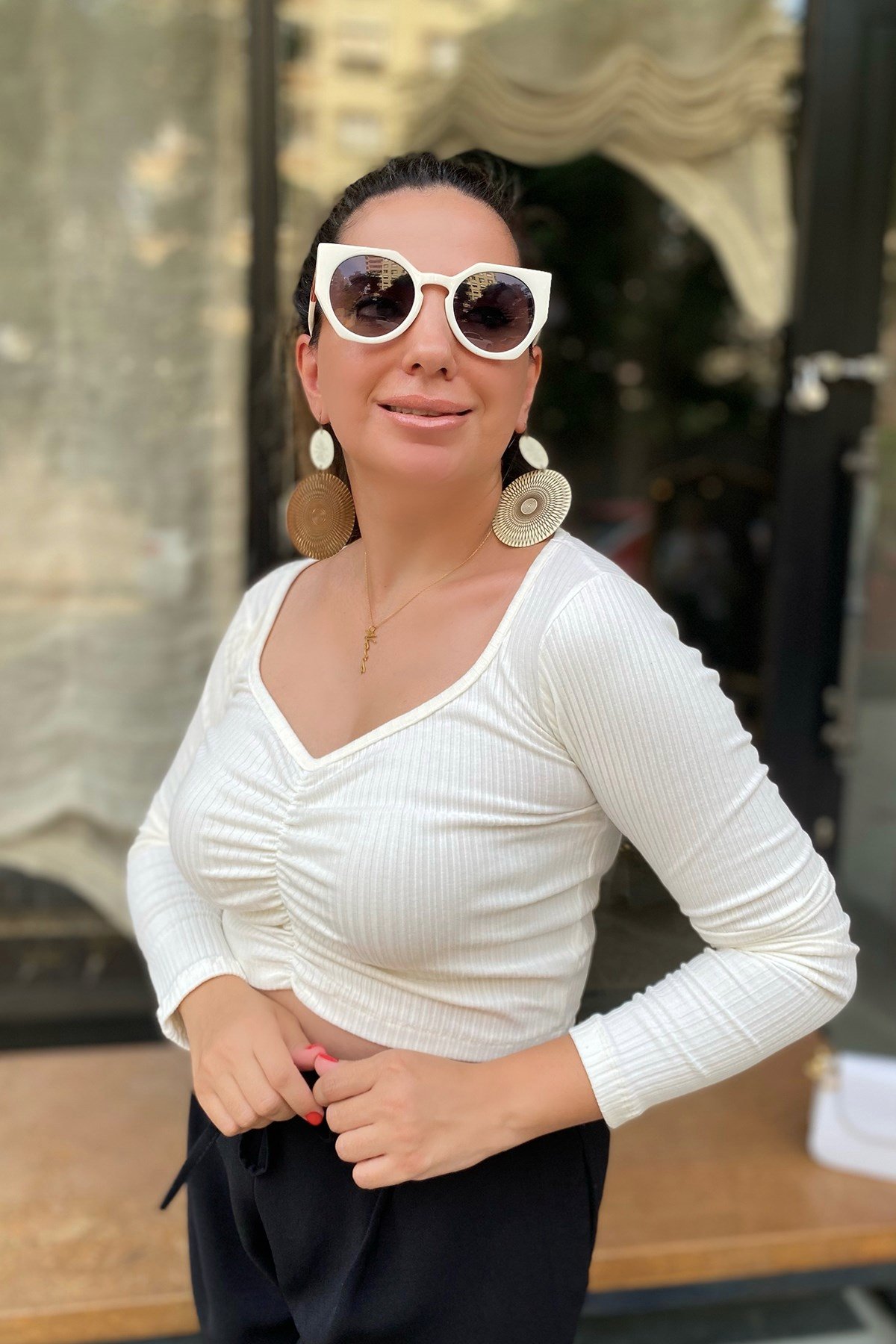  Önden Büzgülü Fitilli Beyaz Bluz 