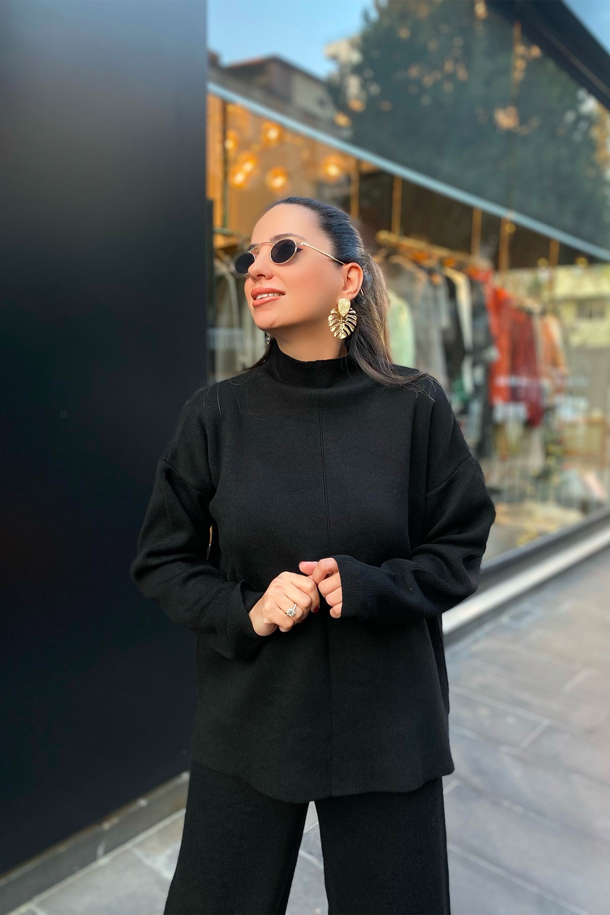  Siyah Dik Yakan Triko Pantolon Takım