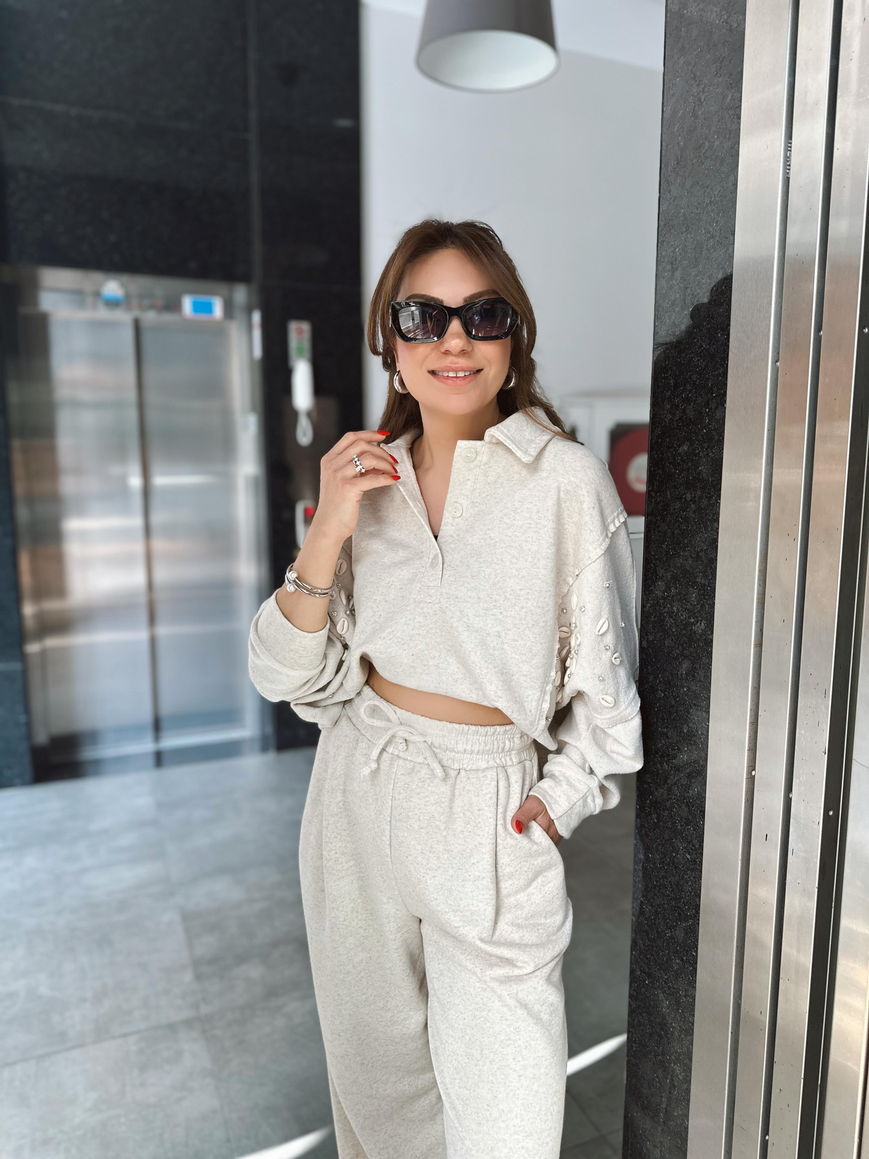  Taş Renk Taşlı Sweat Pantolon Takım