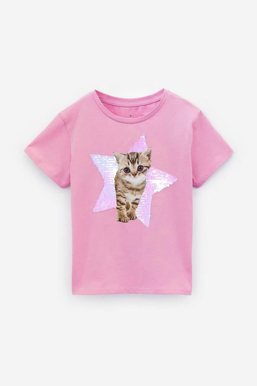 10027 Kids Yıldız Payeli Kedi Baskılı Tshirt 2/3-8/10 Yaş