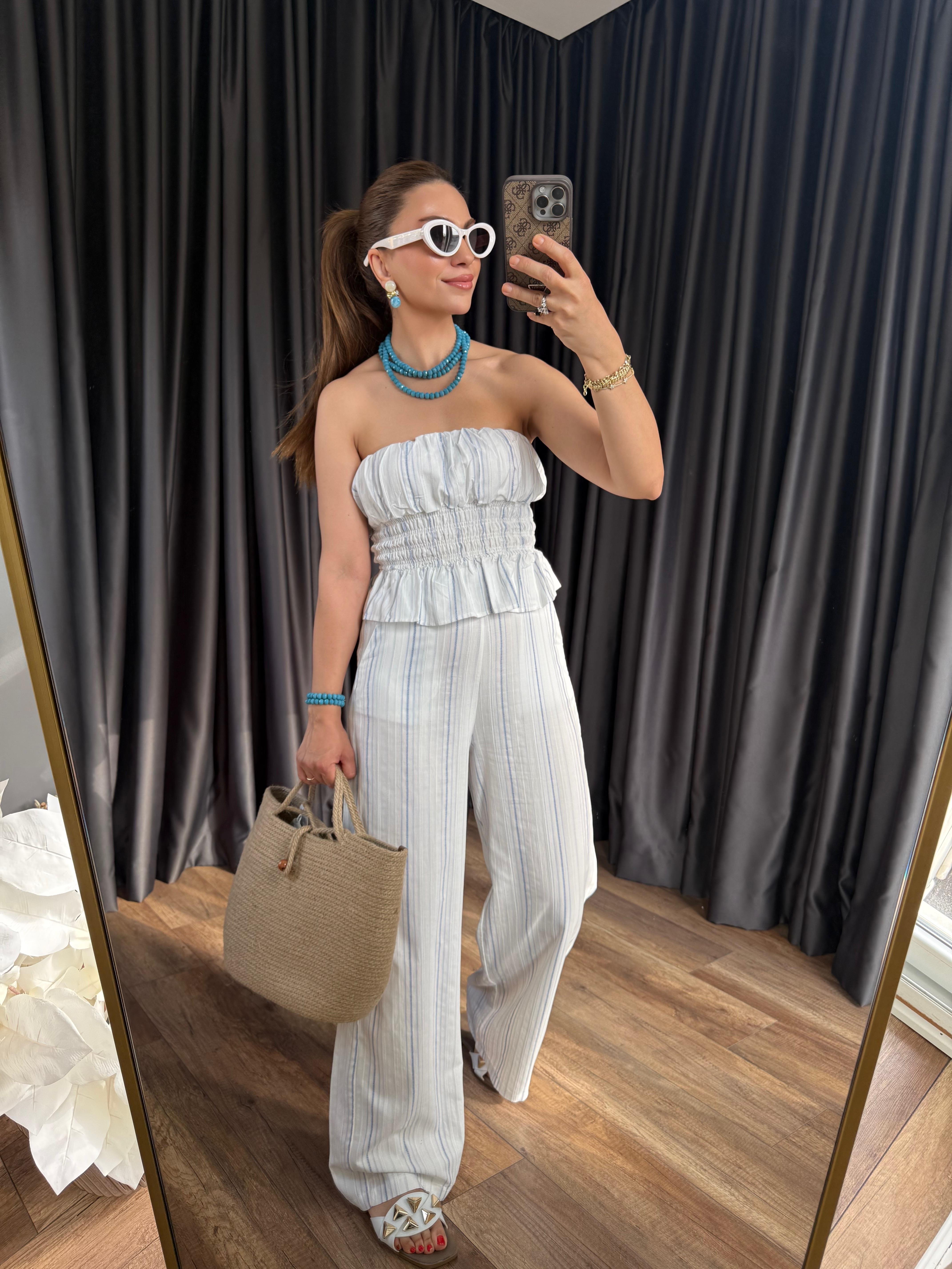 10224 Çizgili Bluz Pantolon Takım