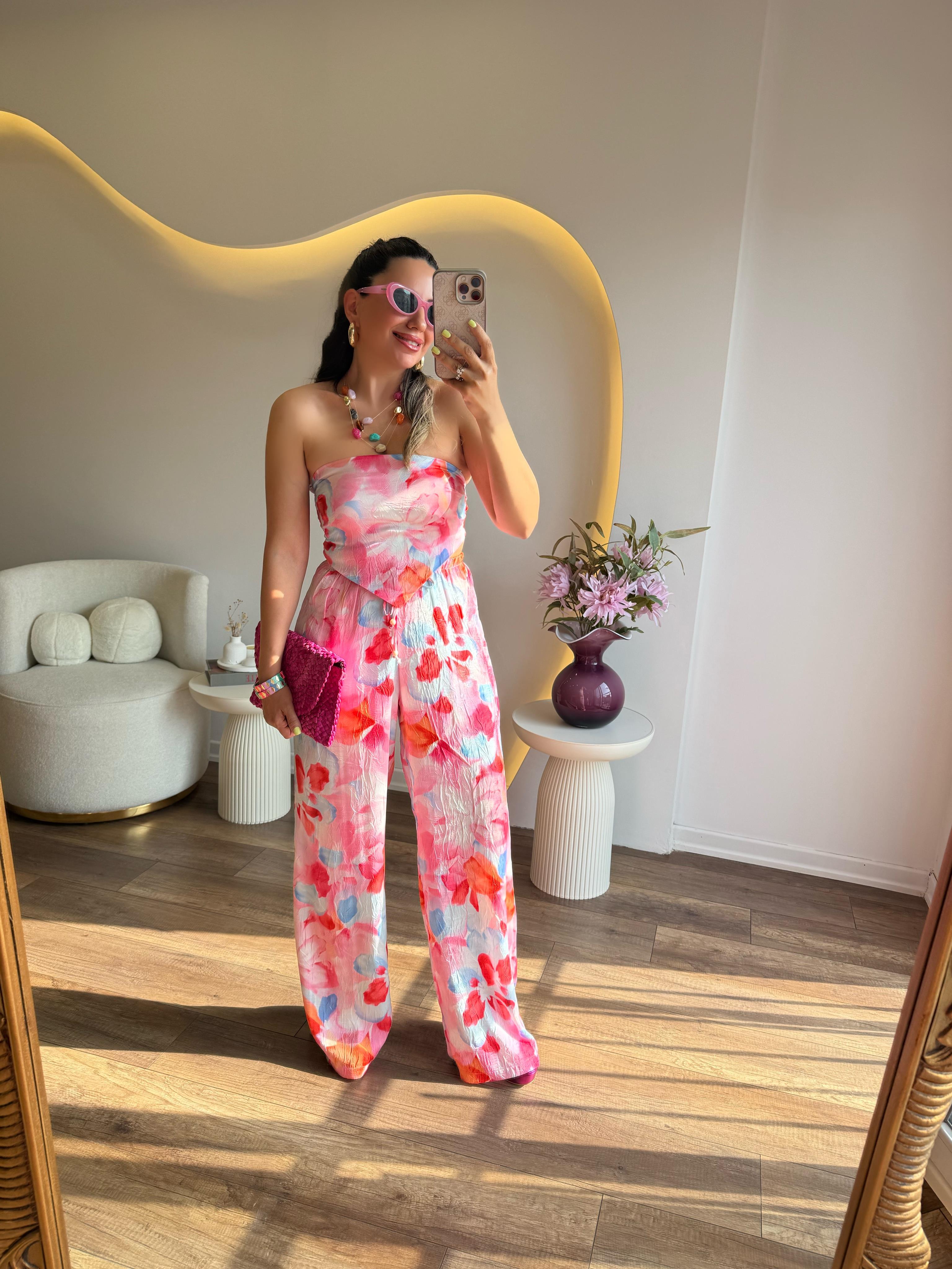 10227 Pembe Renkli Desenli Bluz Pantolon Takım