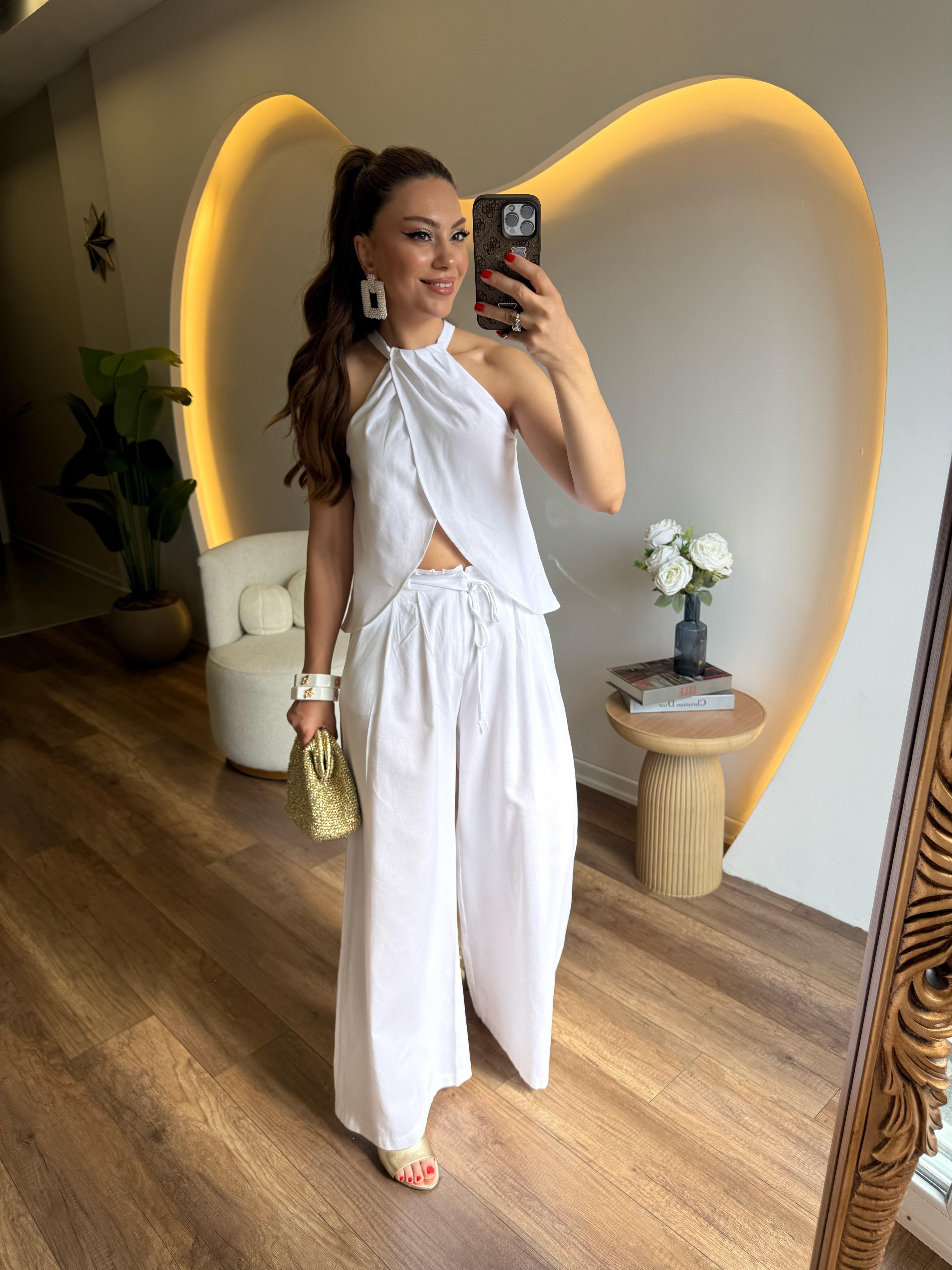 10237 Boyundan Detaylı Pantolon Bluz Takım