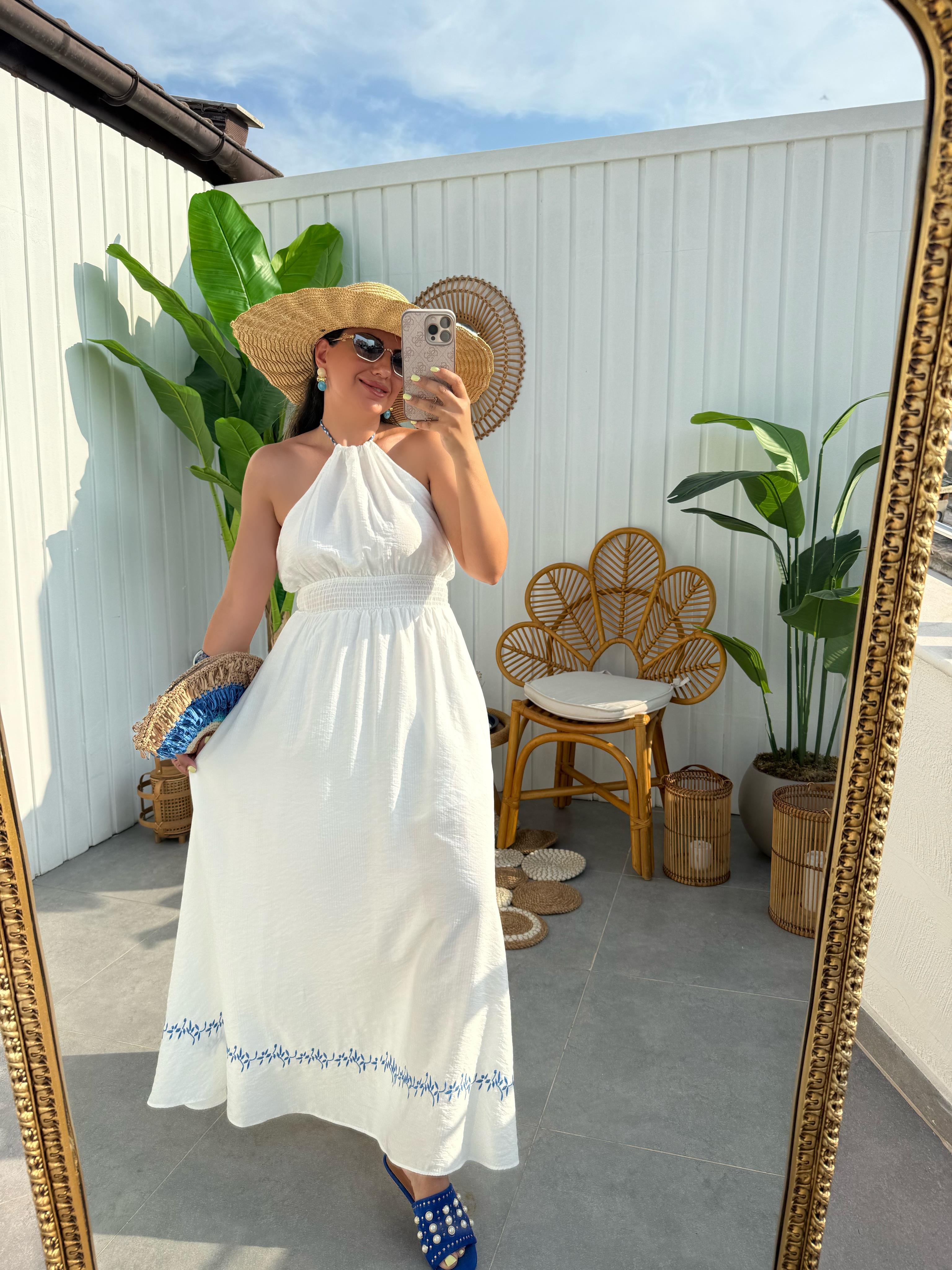 10270 Gipe Detaylı Beyaz Elbise