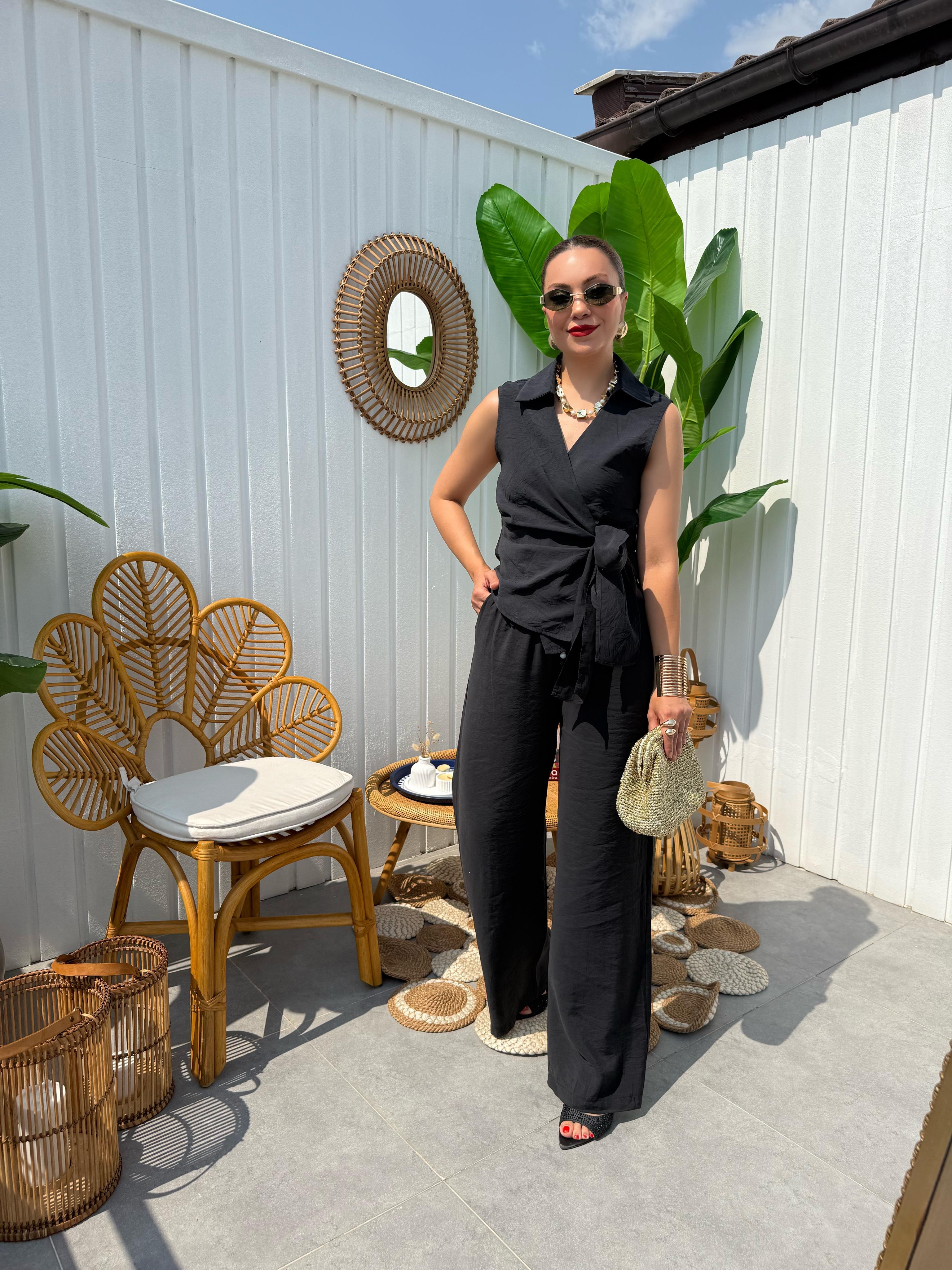 10292 Önden Bağlamalı Kolsuz Bluz Pantolon Takım