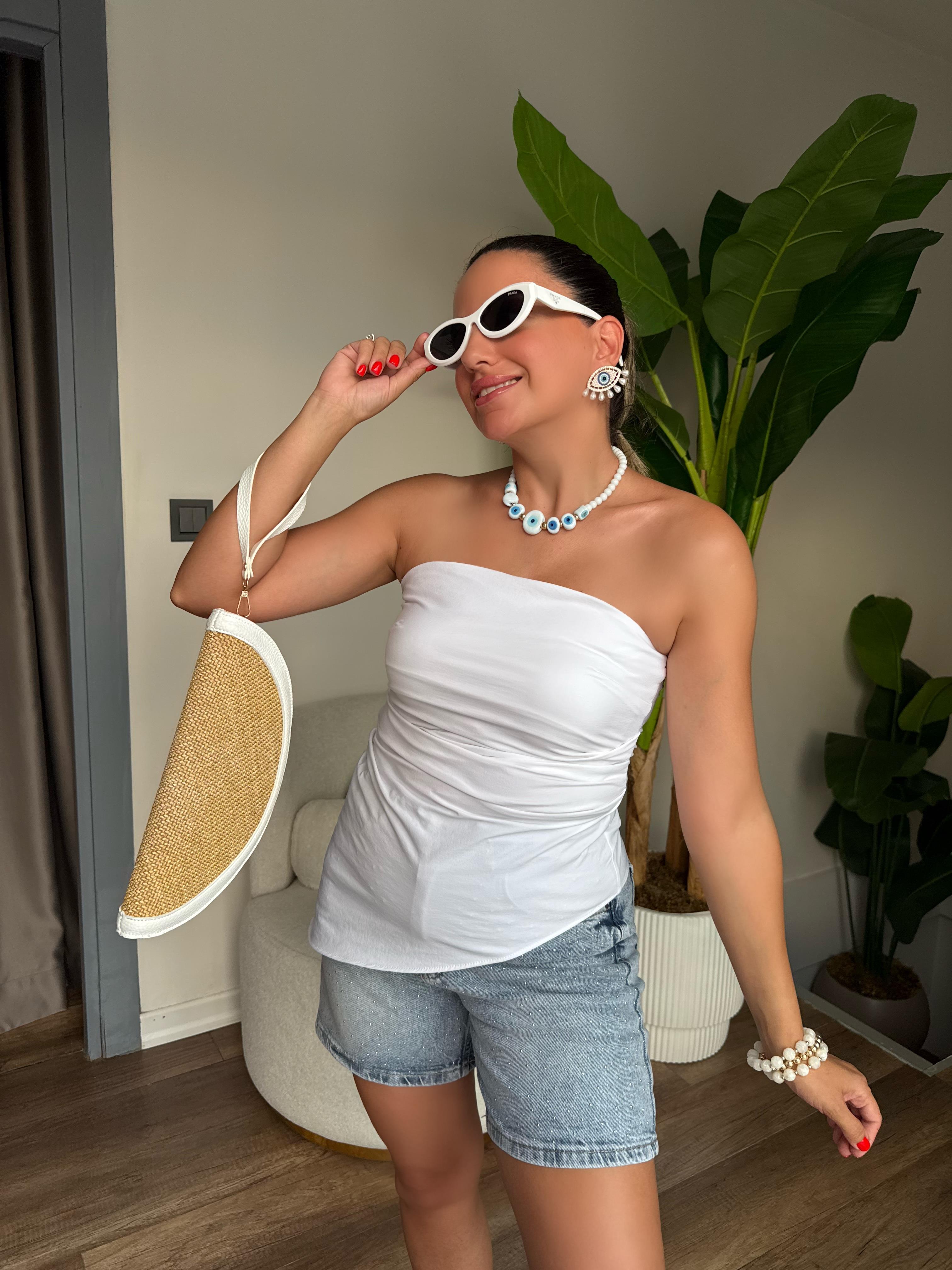 10293 Straplez Büzgü Detaylı Bluz