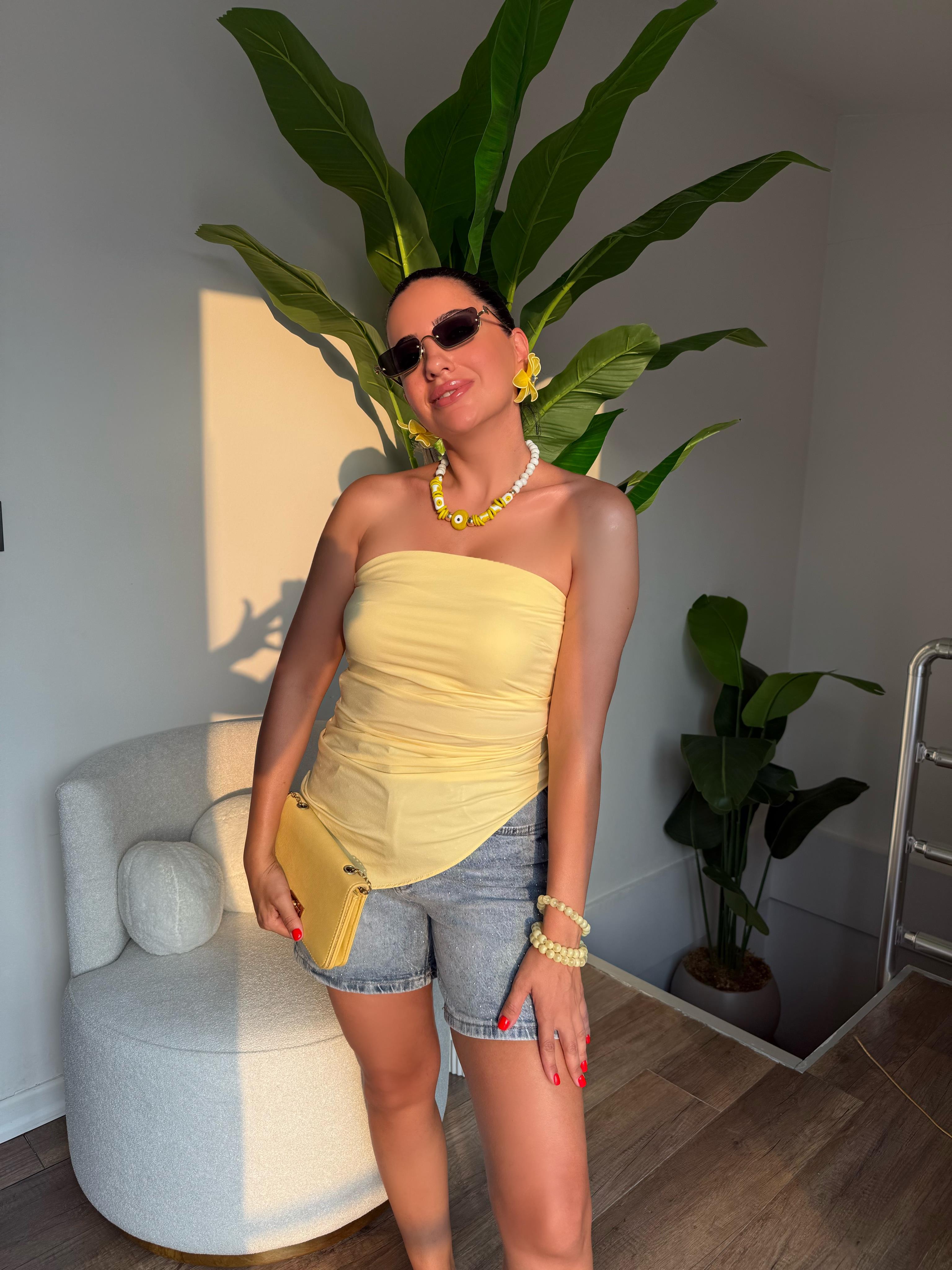 10293 Straplez Büzgü Detaylı Bluz