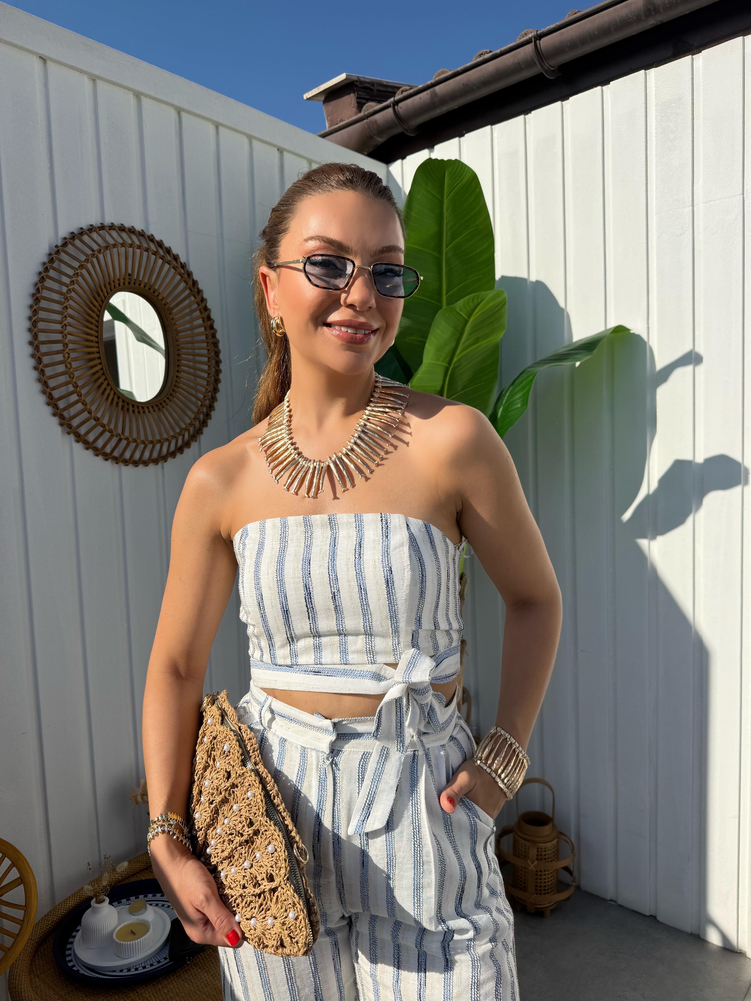 10367 Mavi Çizgili Pantolon Bluz Takım
