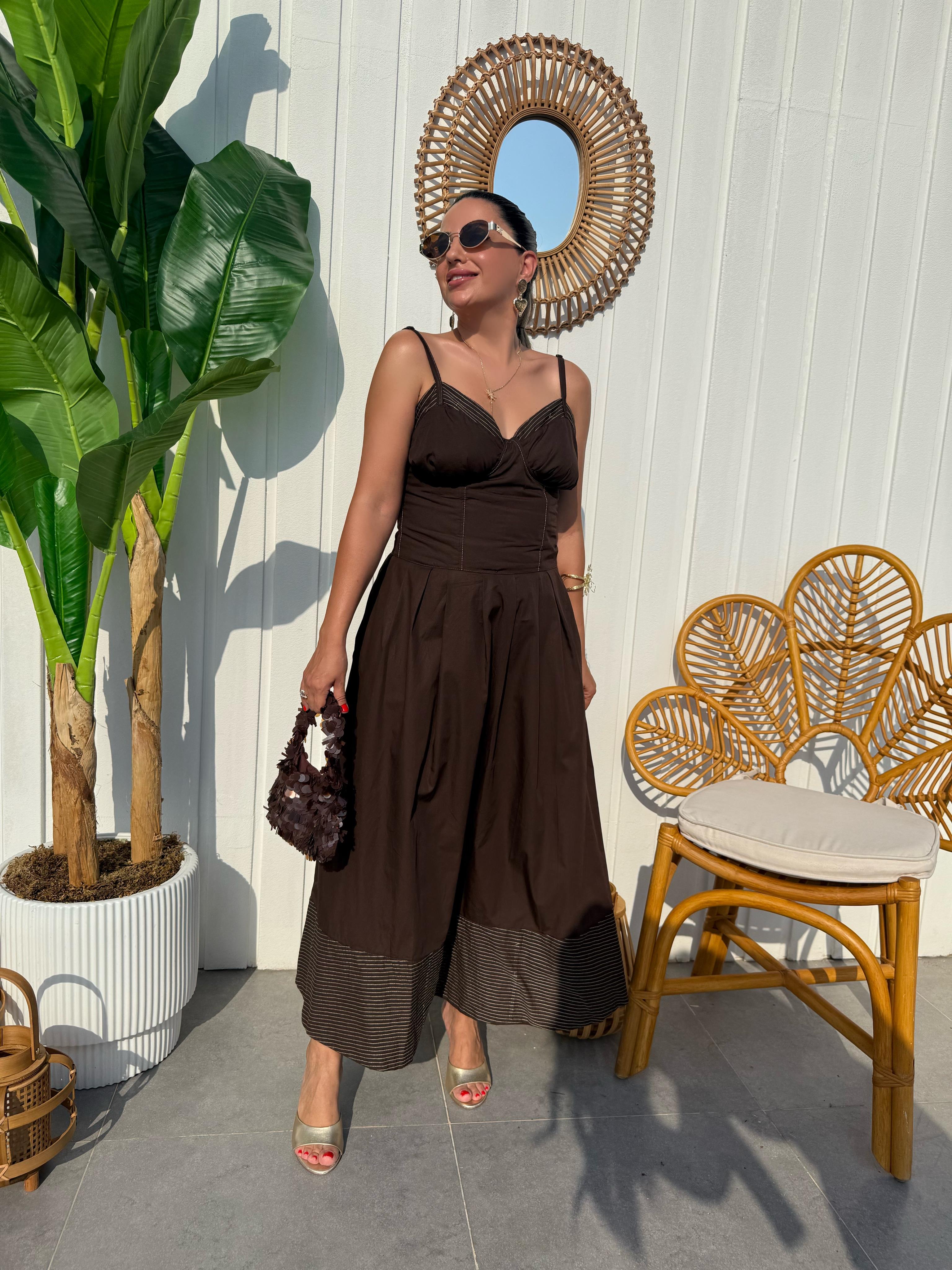 10399 Kontrast Dikişli İp Askılı Elbise