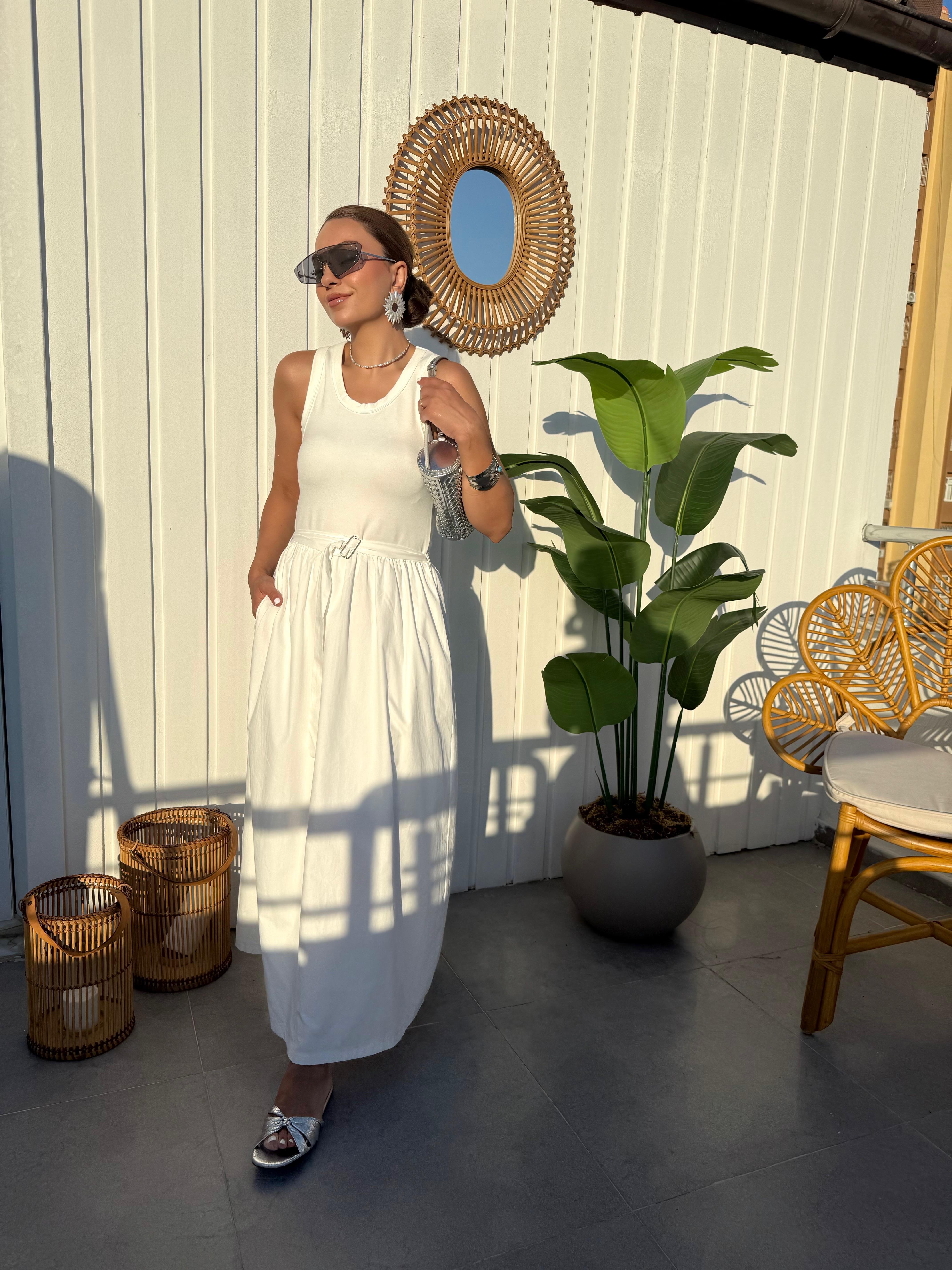 10405 Beyaz Poplin Garnili Midi Elbise