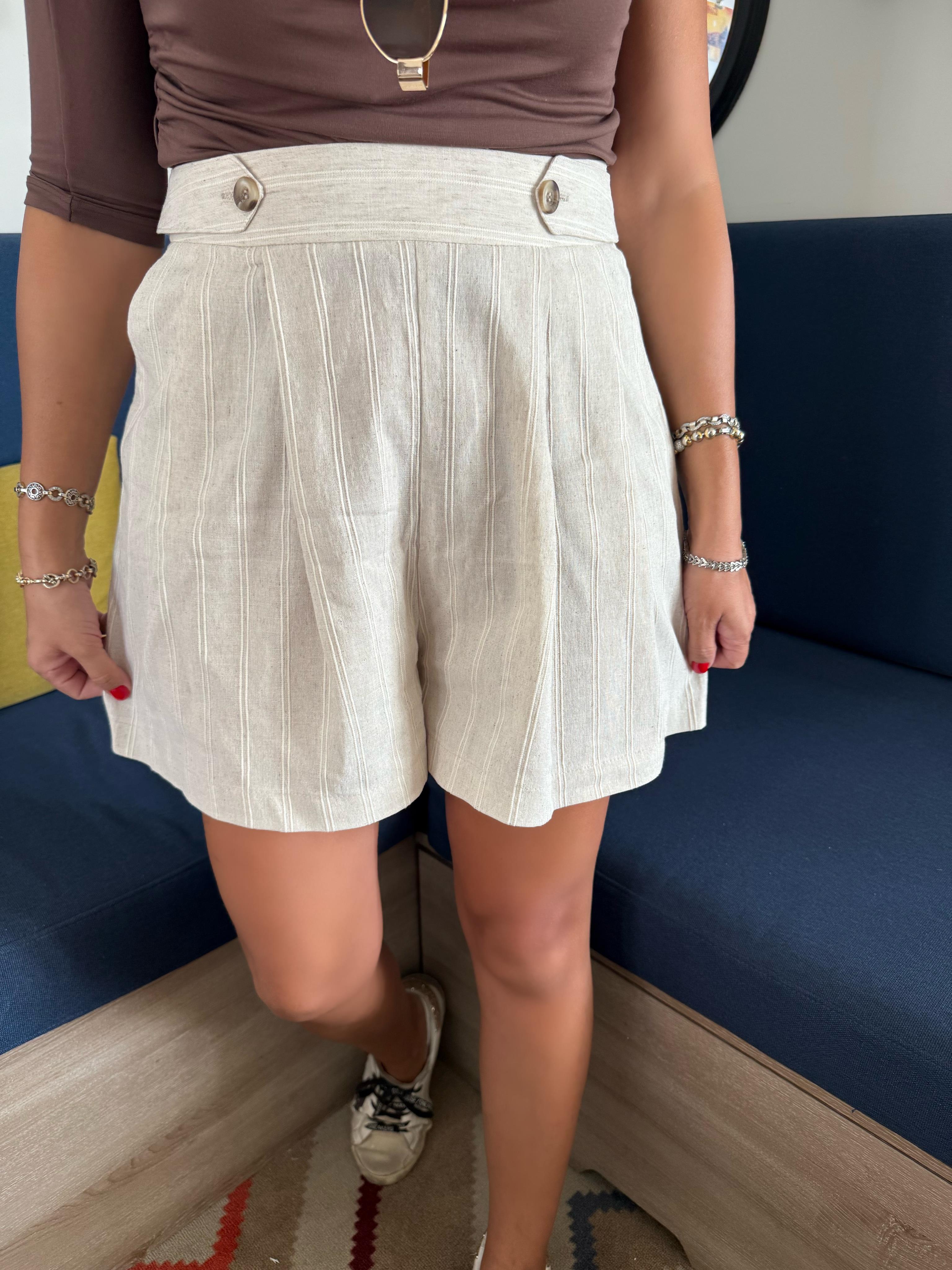 10470 Kendinden Çizgili Keten Şort