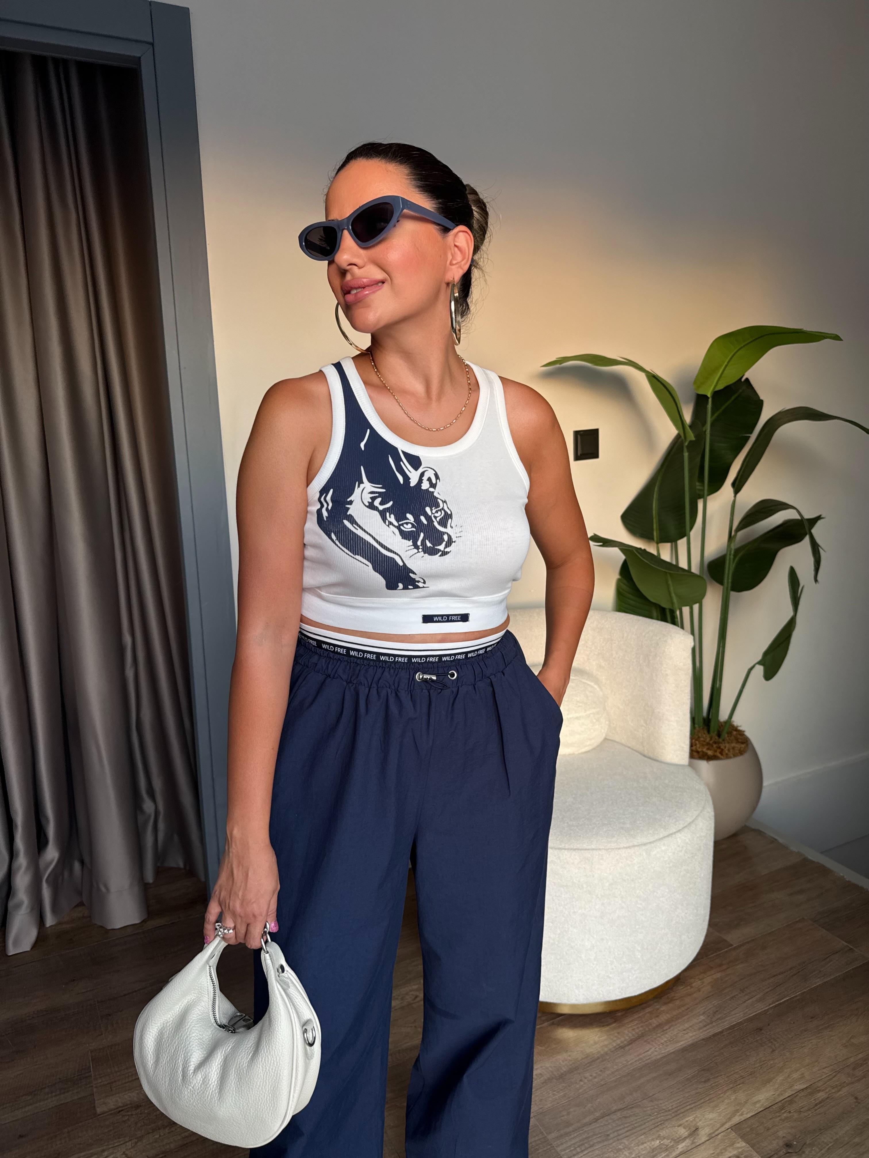 10492 Beli Lastikli Bluz Pantolon Takım