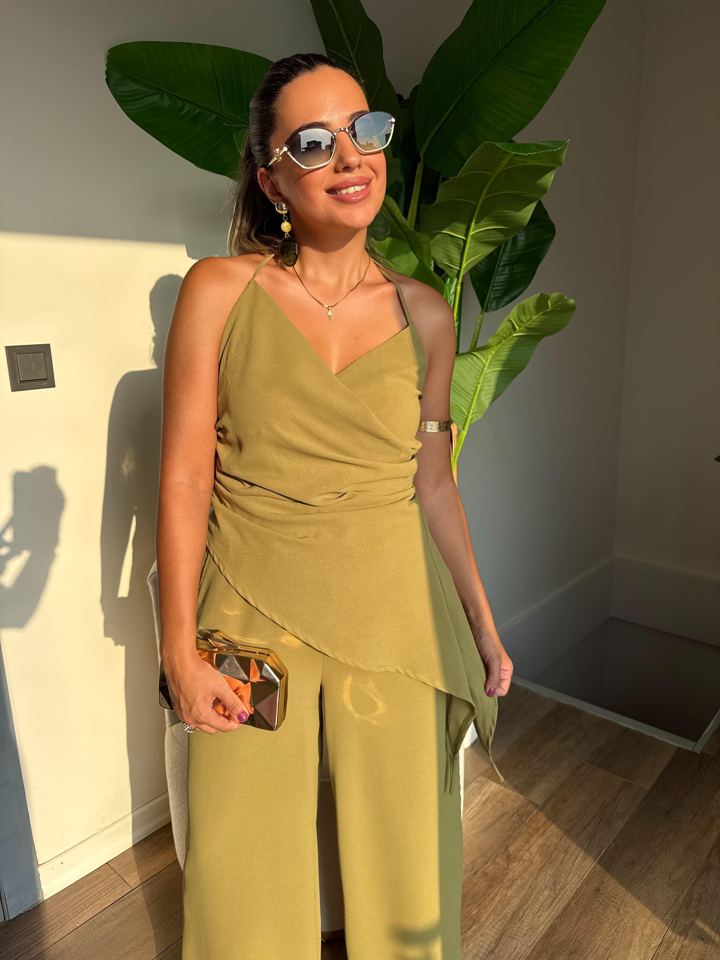 10495 Boyundan Bağlama Detaylı Bluz Pantolon Takım