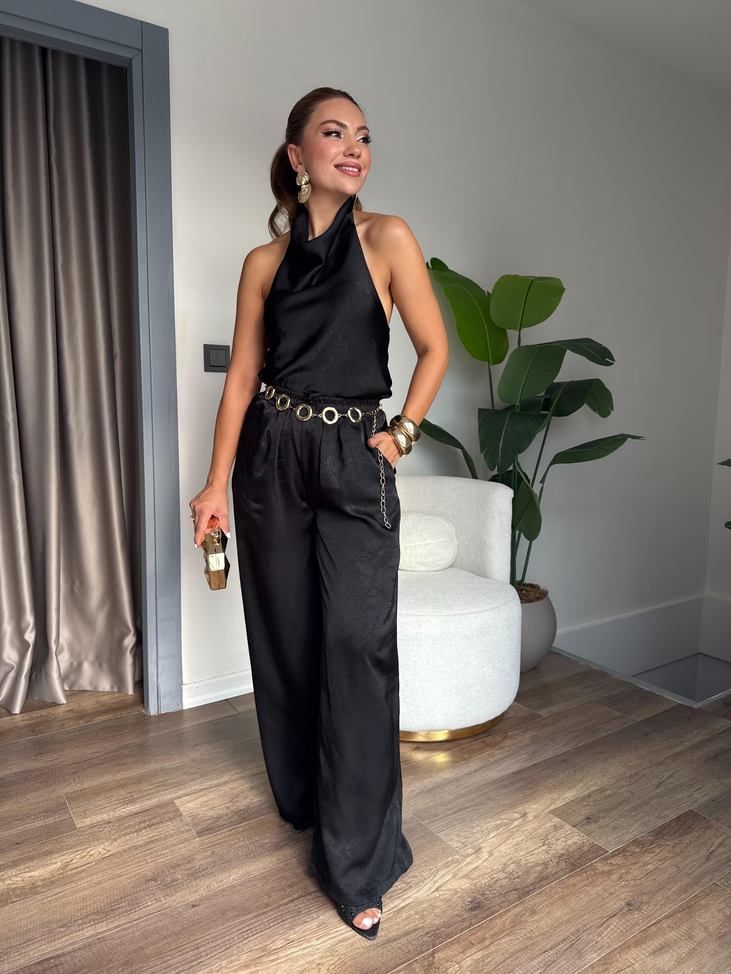 10517 Boyundan Detaylı Saten Pantolon Bluz Takım