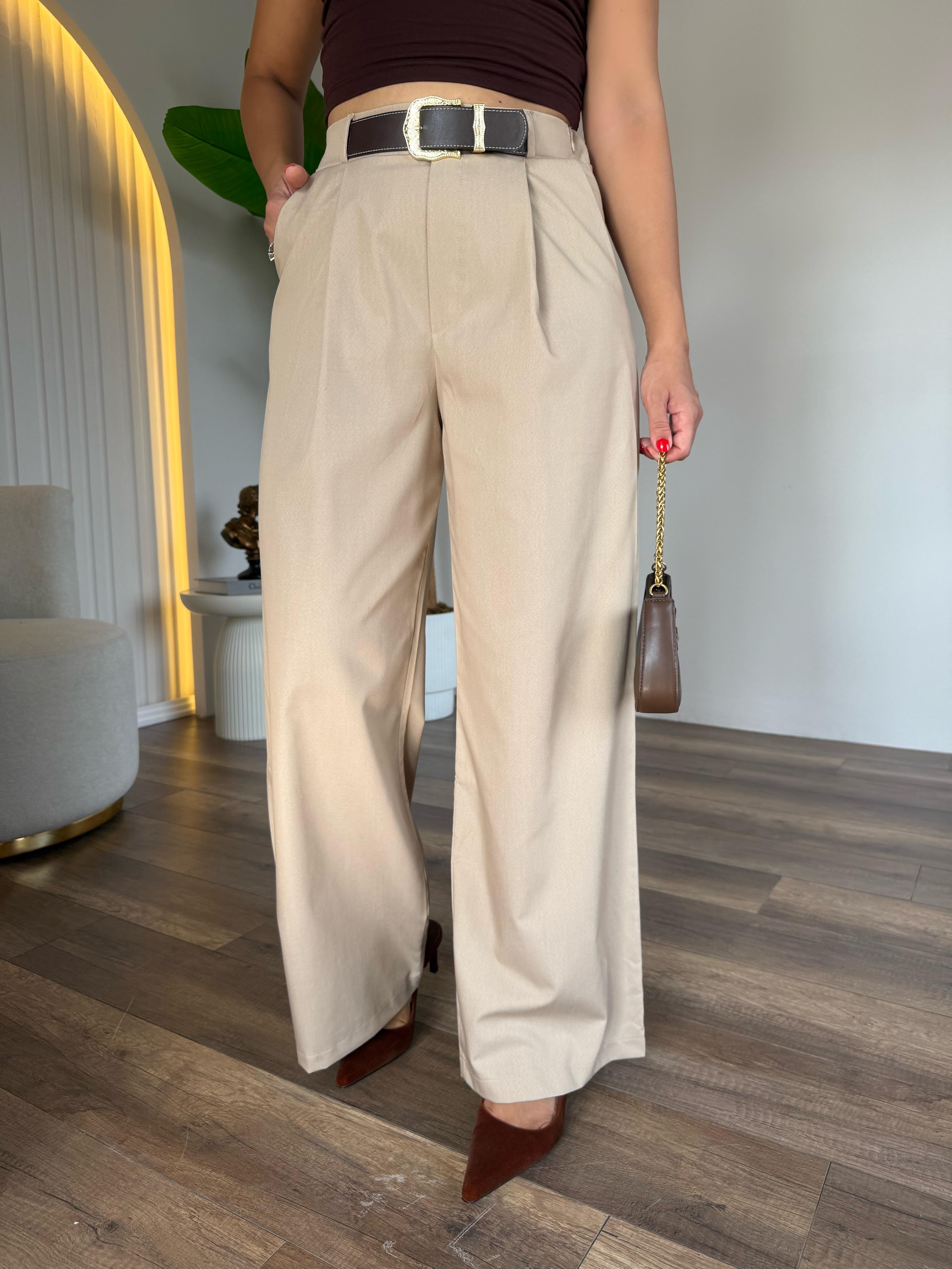 10524 Kendinden Kemerli Bej Pantolon