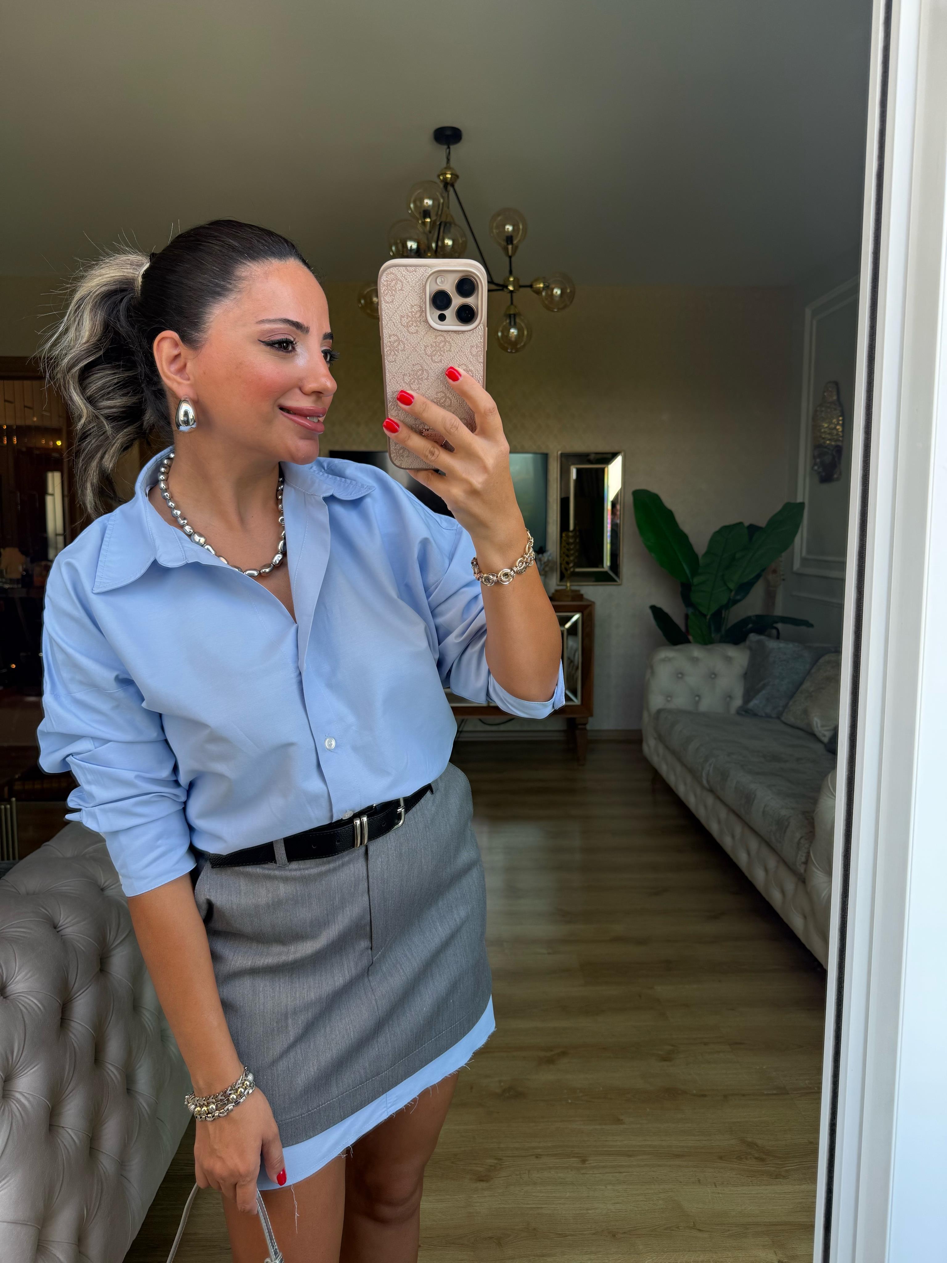 10579 Kemerli Gri Mini Etek