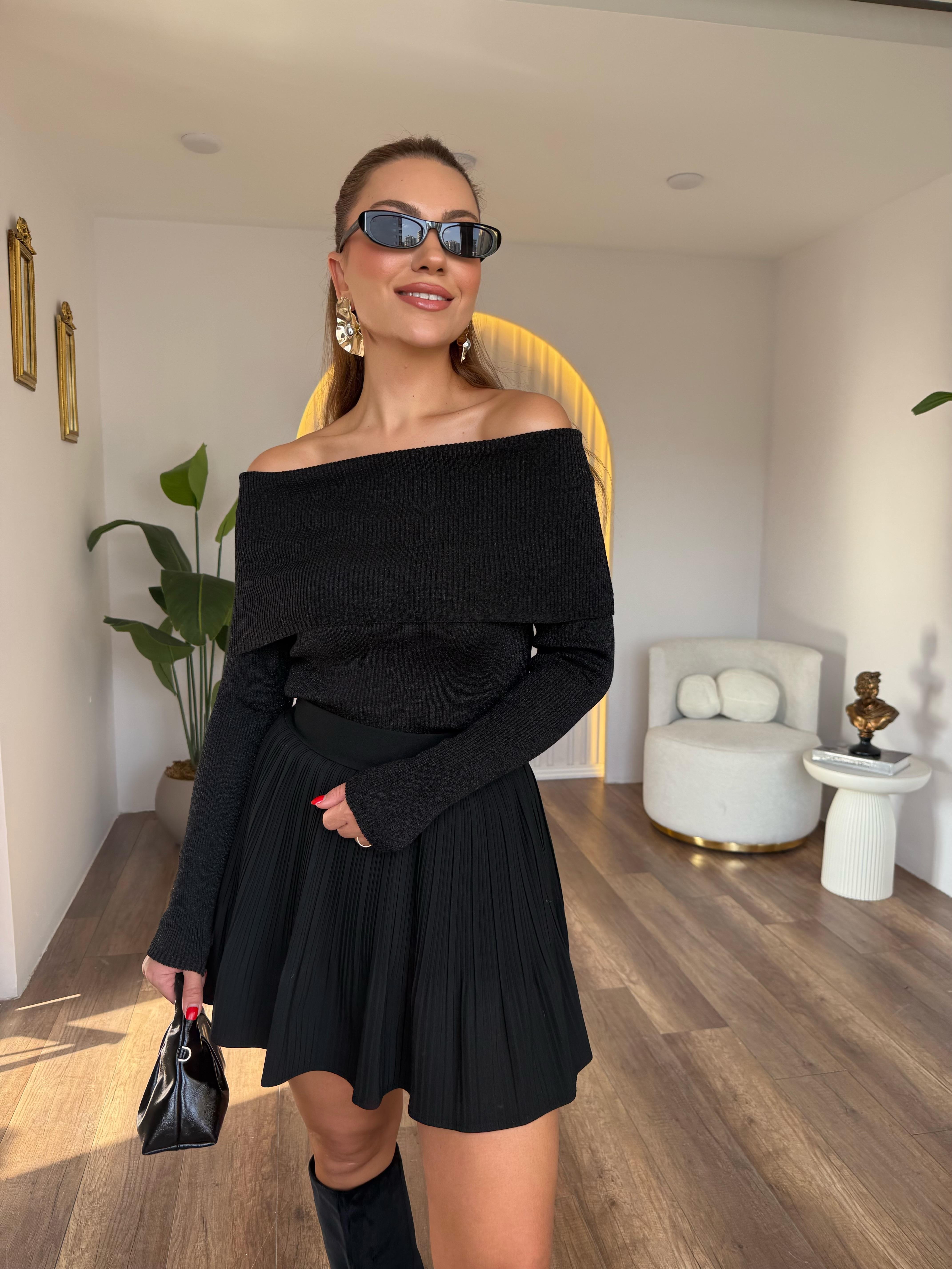 10600 Bardot Yaka Fitilli Simli Triko Kazak