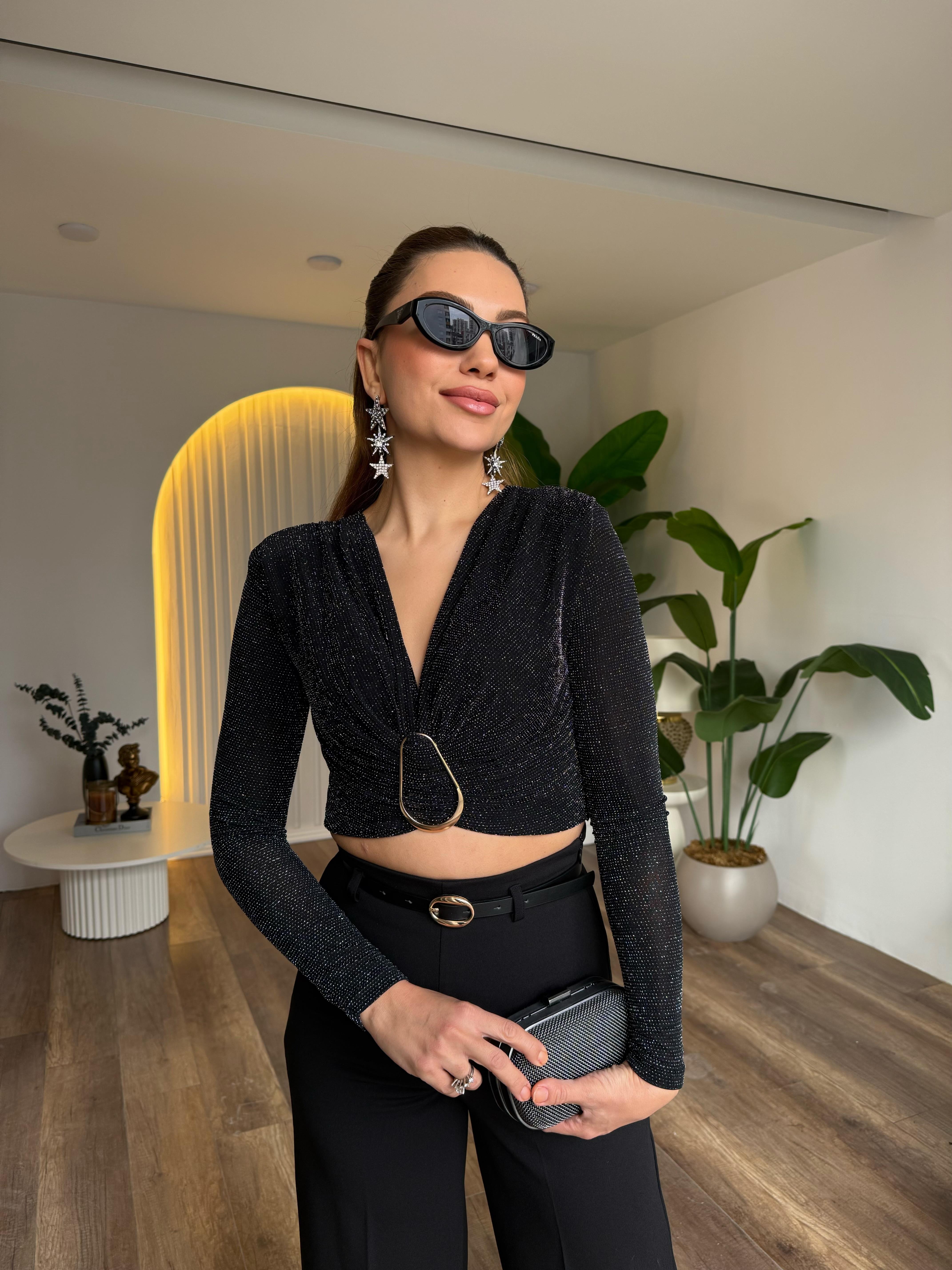 10968 Simli Tokalı Crop Bluz